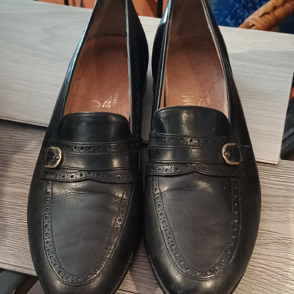 Salvatore Ferragamo Black Leather Bit Loafers with Brogue Trim 8.5D (116)